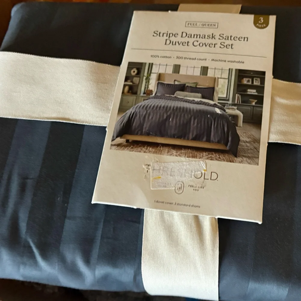 THRESHOLD NWT luxe striped damask duvet cover & sham set -dark teal blue -queen